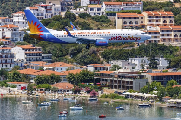 A Boeing 737-800 Jet2 aircraft with registration G-JZHL at Skiathos Airport, Greece, Europe