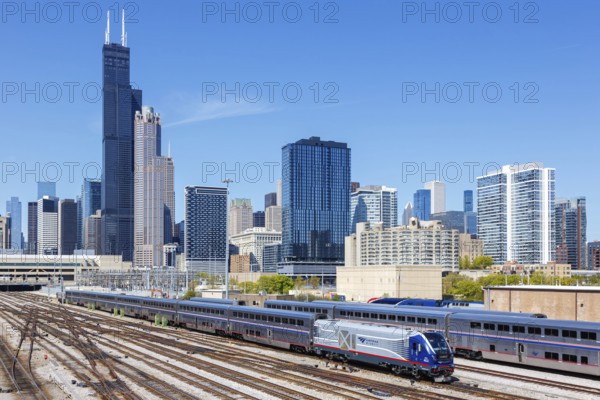 Skyline with Amtrak Midwest train railway at Union Station in Chicago, USA, North America