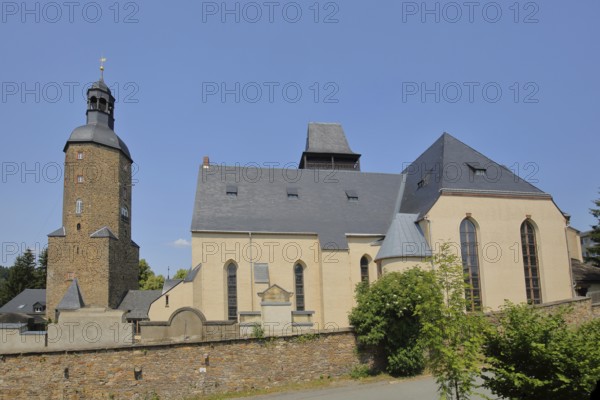 Historic Watchtower and St. Laurentius Church, Saint, Geyer, Erzgebirge, Saxony, Germany, Europe