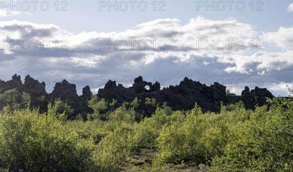 Rock arch, volcanic rock formations, Krafla volcanic landscape, Dimmuborgir lava fields, Mývatn,