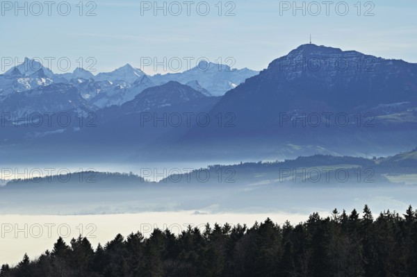 Fog over the Reuss valley, behind the Rigi, Horben, Freiamt, Canton Aargau, Switzerland, Europe