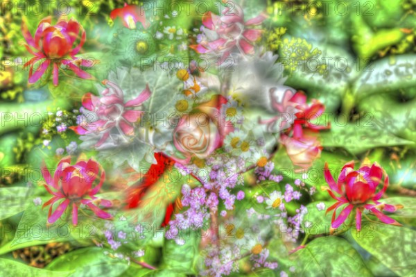 Rose (Rosa), oil painting, red and pink flowers creative, different plants mixed, artistic shot,