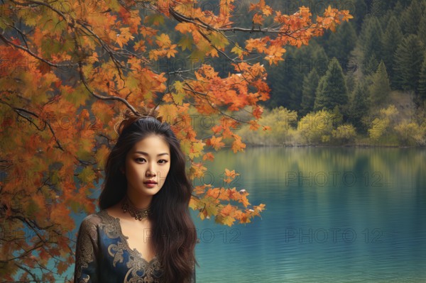 Beautiful young Asian woman with dark hair under tree branches near a colourful lake, China, AI