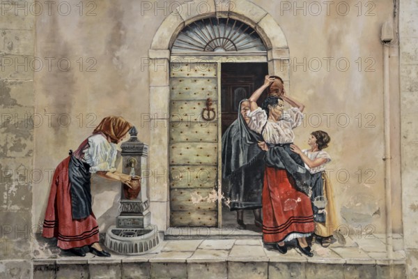 Sardinian Mural painting, peasant women with jugs, Mural, Thieri, Sardinia, Italy, Europe