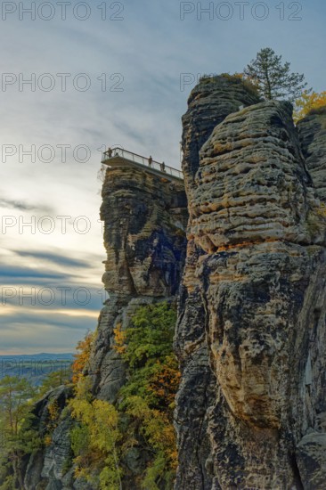 Evening mood, sunset, view to the new Basteiaussicht, Lohmen, Saxon Switzerland, Elbe Sandstone