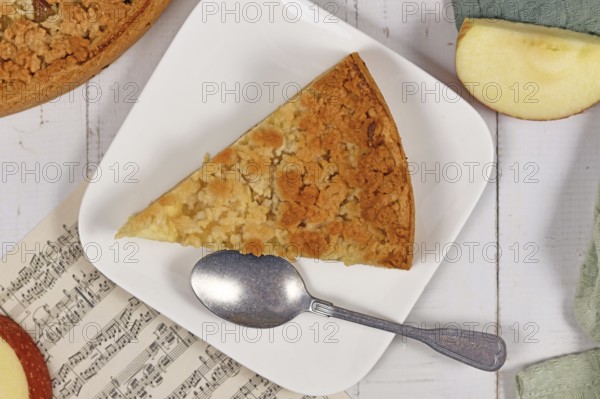 Slice of traditional European apple pie with topping crumbles called 'Streusel' on plate