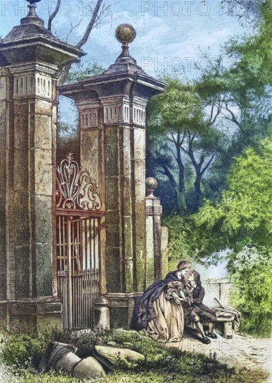 Lovers in front of the gate to a park, 1880, England, Historic, digitally restored reproduction of