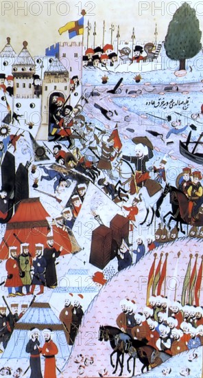 The Battle of Belgrade, Turkish attack led by Suleyman I, in the centre of the picture, wearing a
