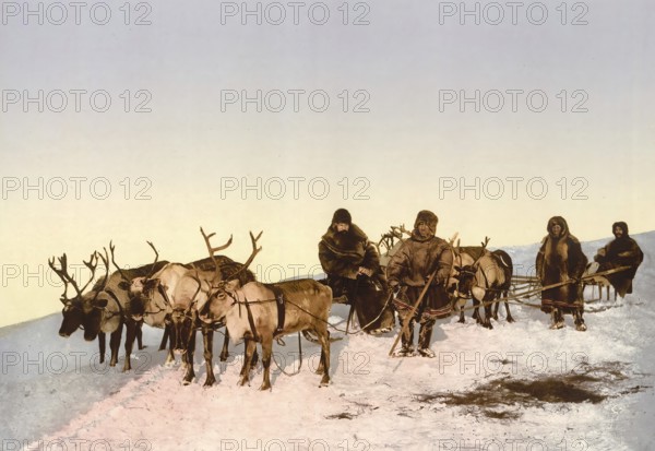 On the road with a reindeer sleigh, Arkhangelsk, Russia, c. 1890, Historic, digitally enhanced