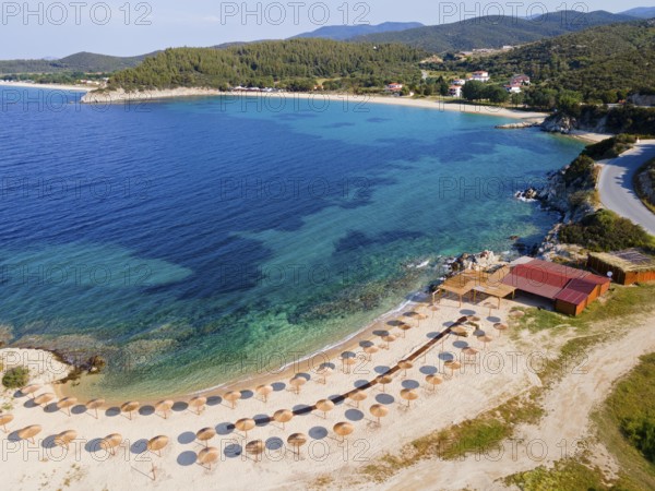 Aerial view, sunshades, Ema beach, Toroni, Torone, Sithonia, Chalkidiki, Central Macedonia, Greece,