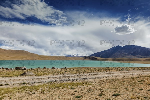 Himalayan lake Kyagar Tso with clouds in Himalayas, Ladakh, India, Asia