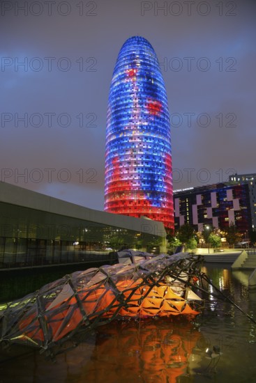 Torre Agbar, architect Jean Nouvel, at dusk, Avinguda Diagonal, Barcelona, ??Catalonia, Spain,