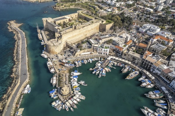 Kyrenia or Girne Fortress and Port from the Air, Turkish Republic of Northern Cyprus