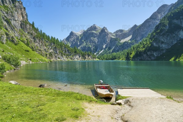 Boat at Tappenkarsee, mountain lake, Wildkarhöhe and Stierkarkopf, Radstätter Tauern, landscape