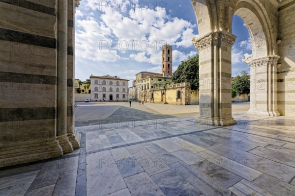 View from porch, portico or narthex, onto the Piazza San Martino and the Church of San Giovanni,