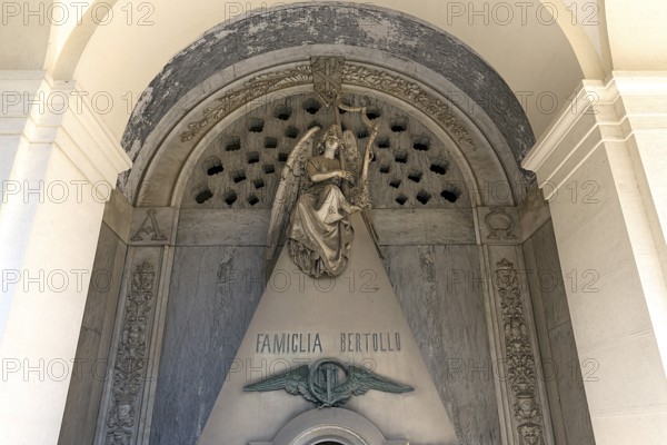 Angel playing the harp, sculpture on a family tomb, Monumental Cemetery, Cimitero monumentale di