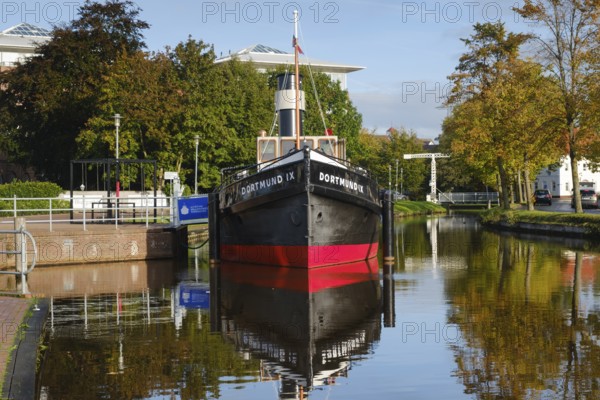 Dortmund IX, museum ship on the main canal, Maritime Adventure World, Papenburg, Emsland, Lower