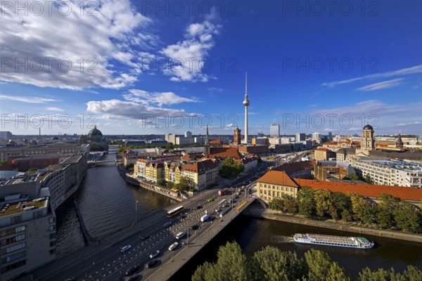 City panorama with Spree, Cathedral, Nikolai Quarter, Red Town Hall, TV Tower and Old Town House,