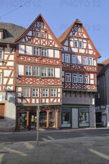 Half-timbered houses in the main street, Bad Orb, Spessart, Hesse, Germany, Europe