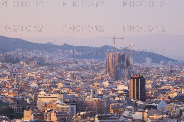 BARCELONA, SPAIN, APRIL 15, 2019: View of Barcelona city cityscape with Sagrada Familia church on