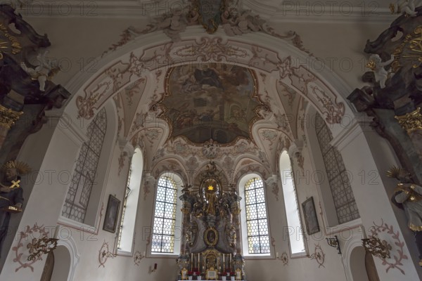 High altar in rococo style, St. Leonard, built 1726, Pfronten (Ostallgäu), Bavaria, Germany, Europe
