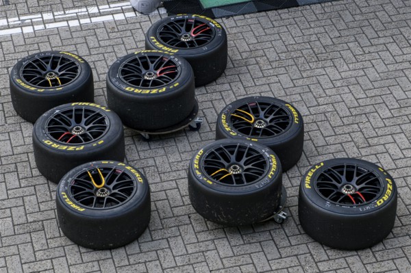 Pirelli P Zero racing tyres Car tyres for GT series race cars are in front of entrance of pit box