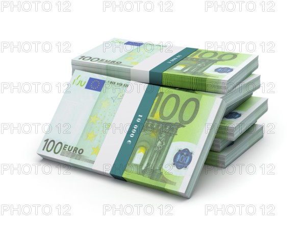 Creative business finance making money concept, stack of 100 euro banknotes bills bundles isolated