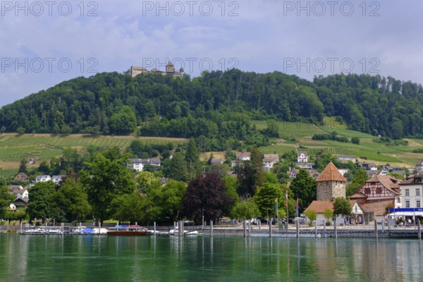 Old town with Schiffländi Hexenturm and Hohenklingen Castle, banks of the Rhine, Stein am Rhein,