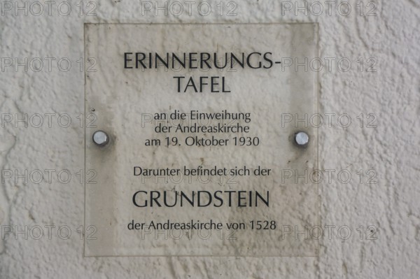 Inauguration commemorative plaque, information plaque foundation stone, Protestant St. Andrew's