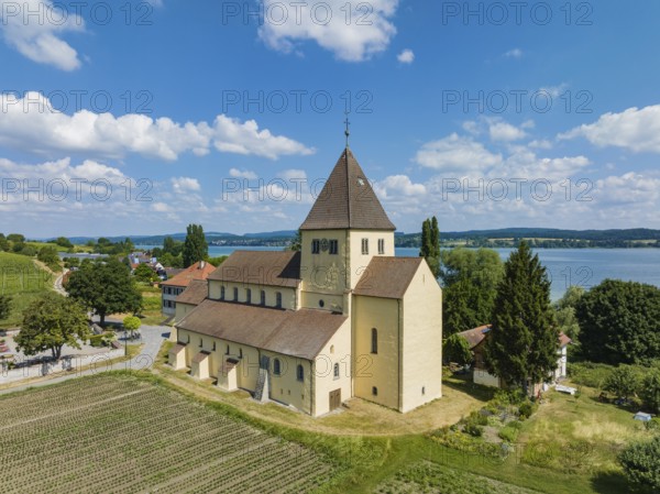 Aerial view of the Church of St. George, Oberzell, Reichenau, UNESCO World Heritage Site, Constance