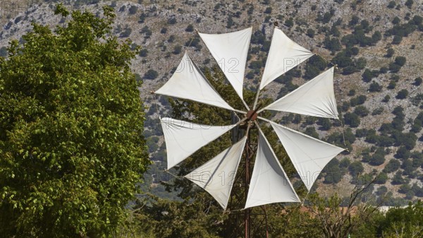 Windmill close, canvas, Lassithi plateau, Lassithi, East Crete, Crete island, Greece, Europe