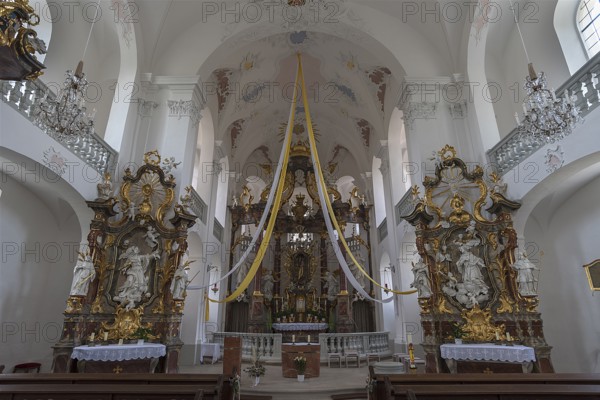 Interior with rococo high altar, 1761, in the pilgrimage church Maria Limbach, built 1751-1755,