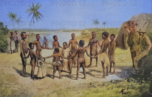 Negro children playing Ringelreihen in the German colony of Tanzania, 1870, Historic, digitally