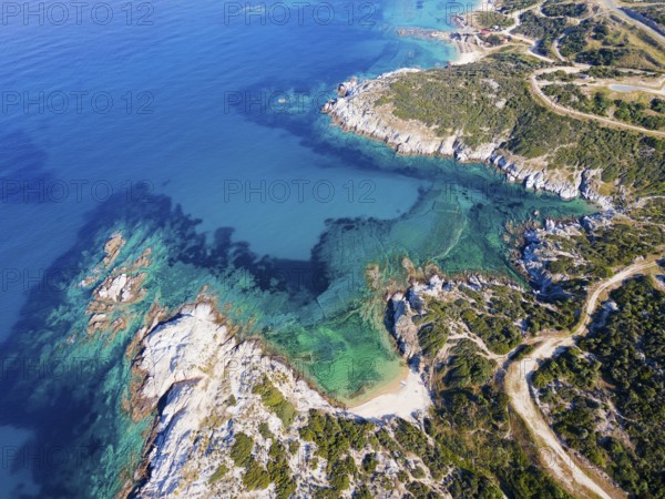 Aerial view, Prassou beach, Kriaritsi, Sithonia, Chalkidiki, Central Macedonia, Greece, Europe