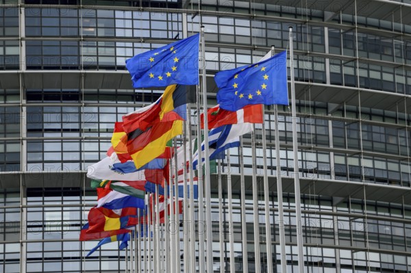 European flags in the wind in front of the European Parliament, Louise Weiss Building, Strasbourg,