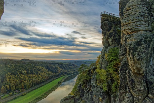 Evening mood, sunset, view to the new Basteiaussicht and the river Elbe, Lohmen, Saxon Switzerland,