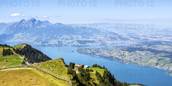 View from Mount Rigi to the city of Lucerne, Lake Lucerne and Pilatus Alps Panorama in Rigi,