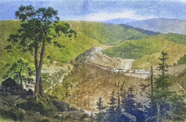 Schwarzburg Castle in 1875, Saalfeld-Rudolstadt County, Thuringia, Germany, Historical, digitally