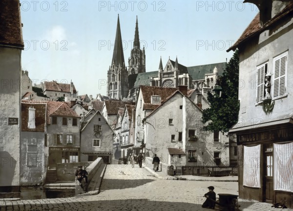The Market Street, Chartres, France, c. 1890, Historic, digitally enhanced reproduction of a