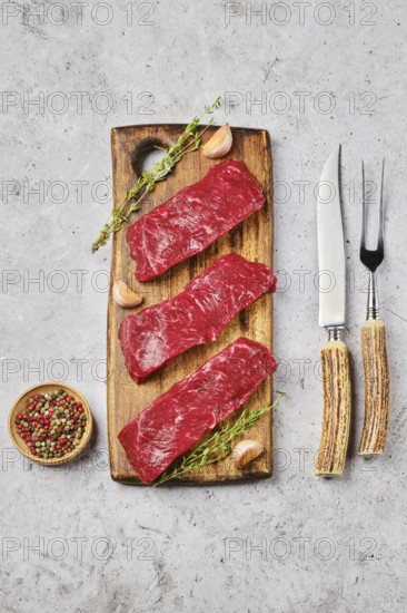 Top view of prime raw boneless beef steak