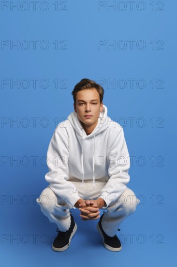 Attractive man wearing white sweatshirt and sweatpants is squatting over blue studio background
