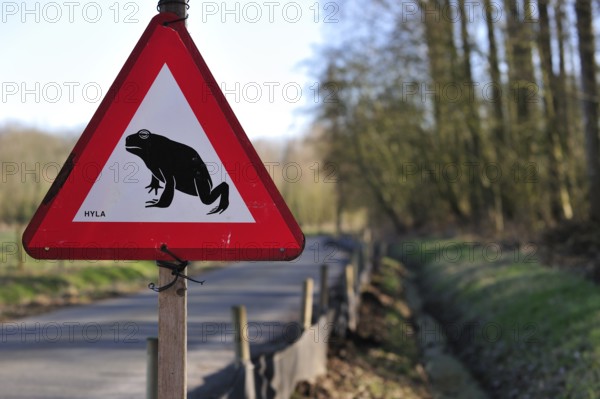 Warning sign for migrating amphibians/toads crossing the road during the annual spring migration,