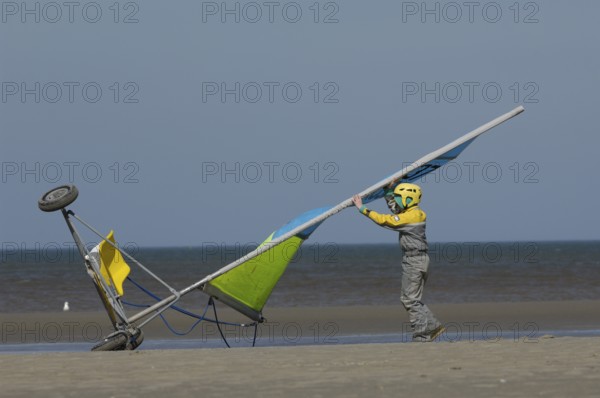 Shore sailing, sandyachting, land yachting on the beach of De Panne, Belgium, Europe