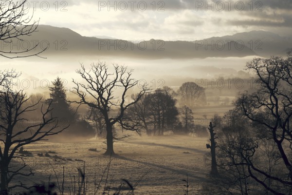 View over Ormathwaite from Applethwaite with mist over Keswick, Lake District, Cumbria, England,