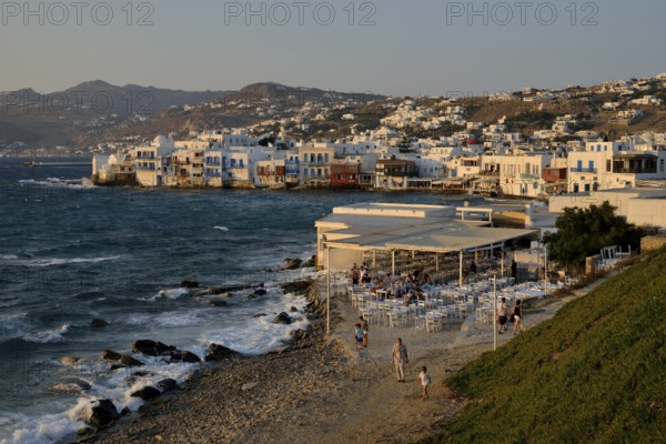 District Little Venice in the evening light, Chora or Mykonos Town, Mykonos, Cyclades, Greece,