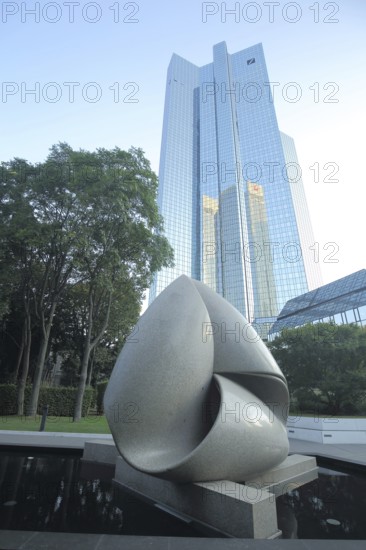 Sculpture Continuity by Max Bill 1986 in front of the high-rise, tower of the Deutsche Bank,