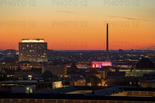 Charité high-rise hospital and the chimney of the Vattenfall combined heat and power plant