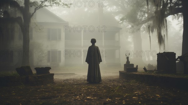 Eerie haunting ghostly female figure walking in front of a foggy southern plantation antebellum