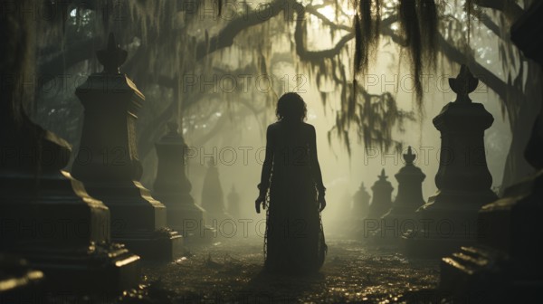 Ghostly female figure silhouette standing or walking amidst the spooky halloween fog outside,