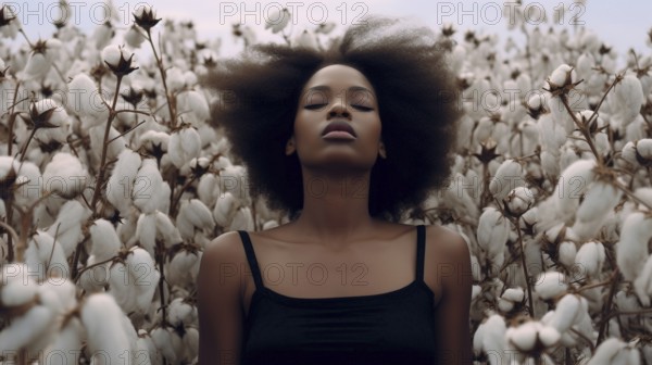 Contemplative mysterious african american woman standing amidst the cotton field. generative AI